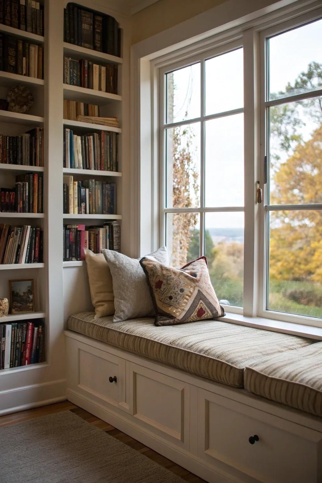 A radiant window seat calling you to unwind and read.