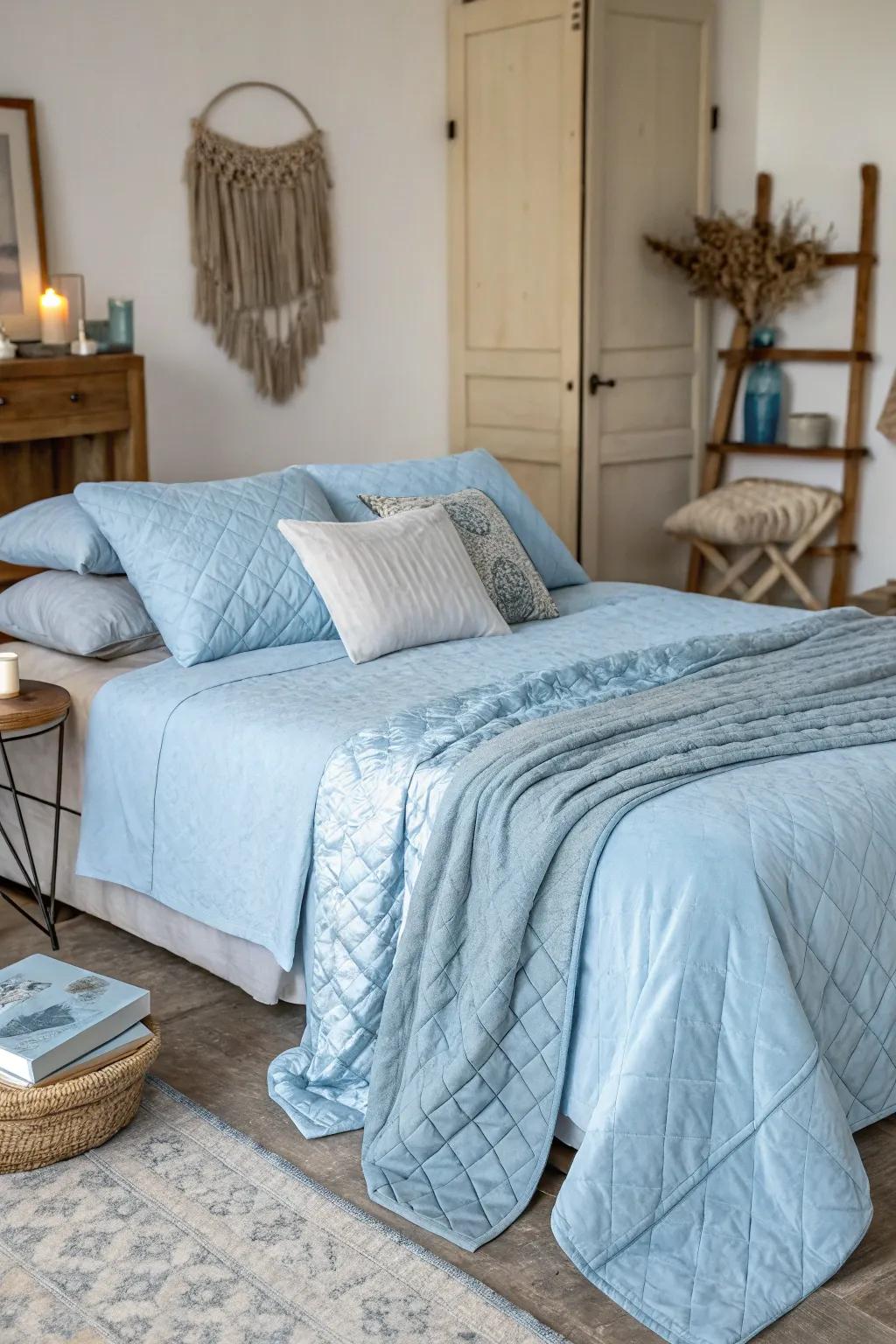 A bedroom showcasing layered textures in light blue for added depth and coziness.