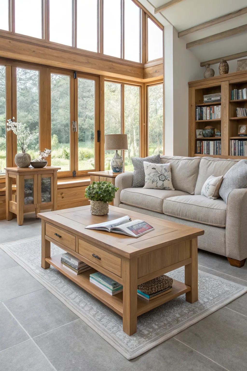 A cozy living room featuring light grey flooring and natural wood elements.