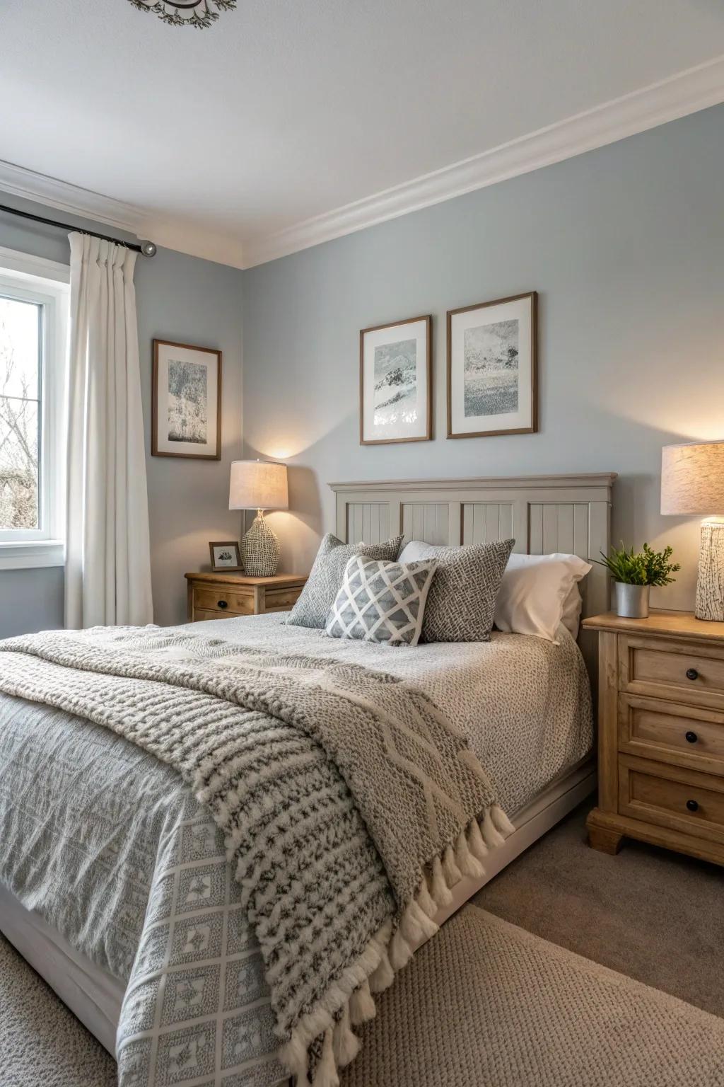 Textured bedding enriches a light grey bedroom.