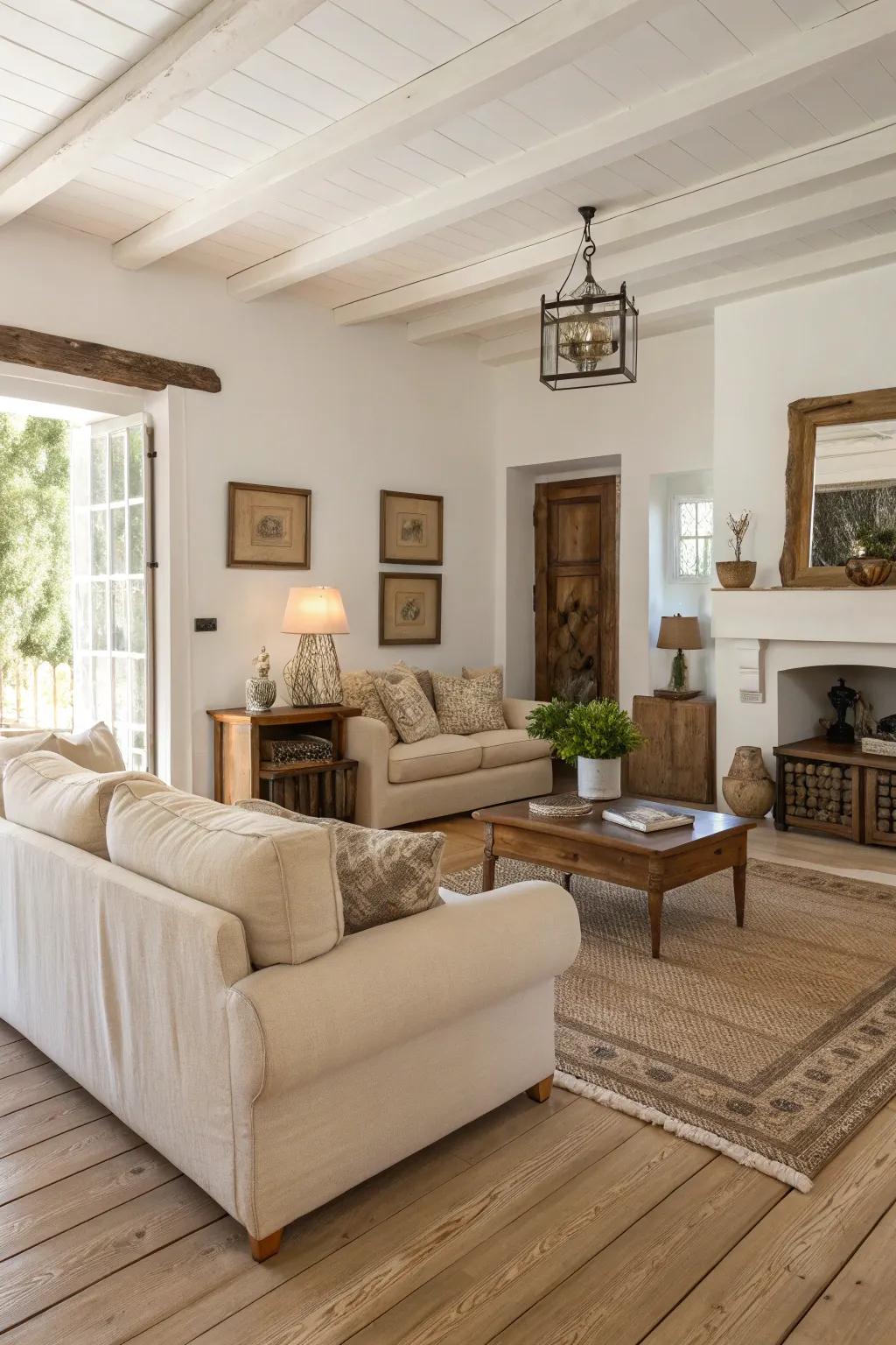A neutral-themed living room with light wood floors, offering a calm and serene ambiance.