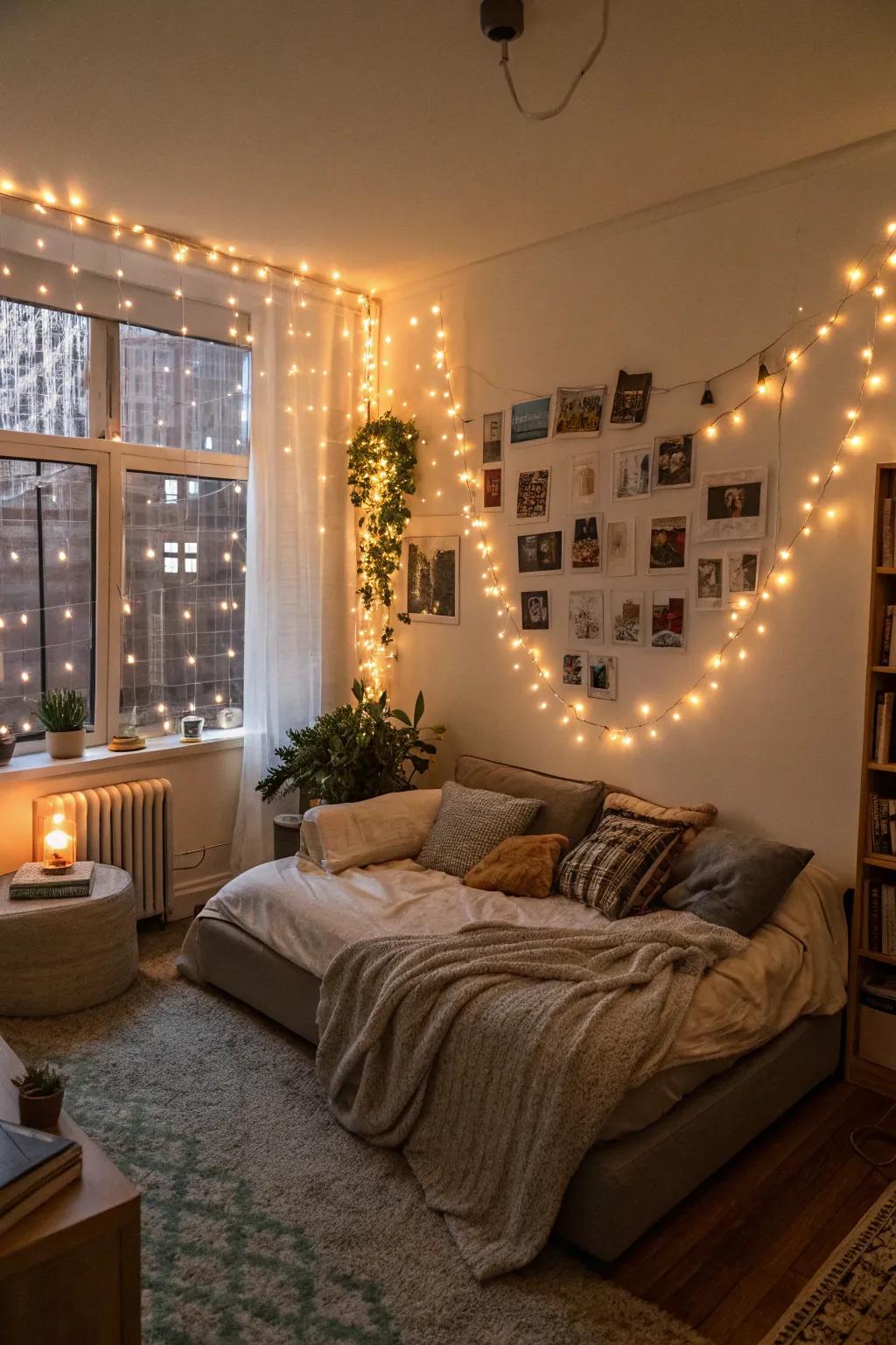 Tiny twinkling lights contribute a snug and fanciful charm to every room in your apartment.