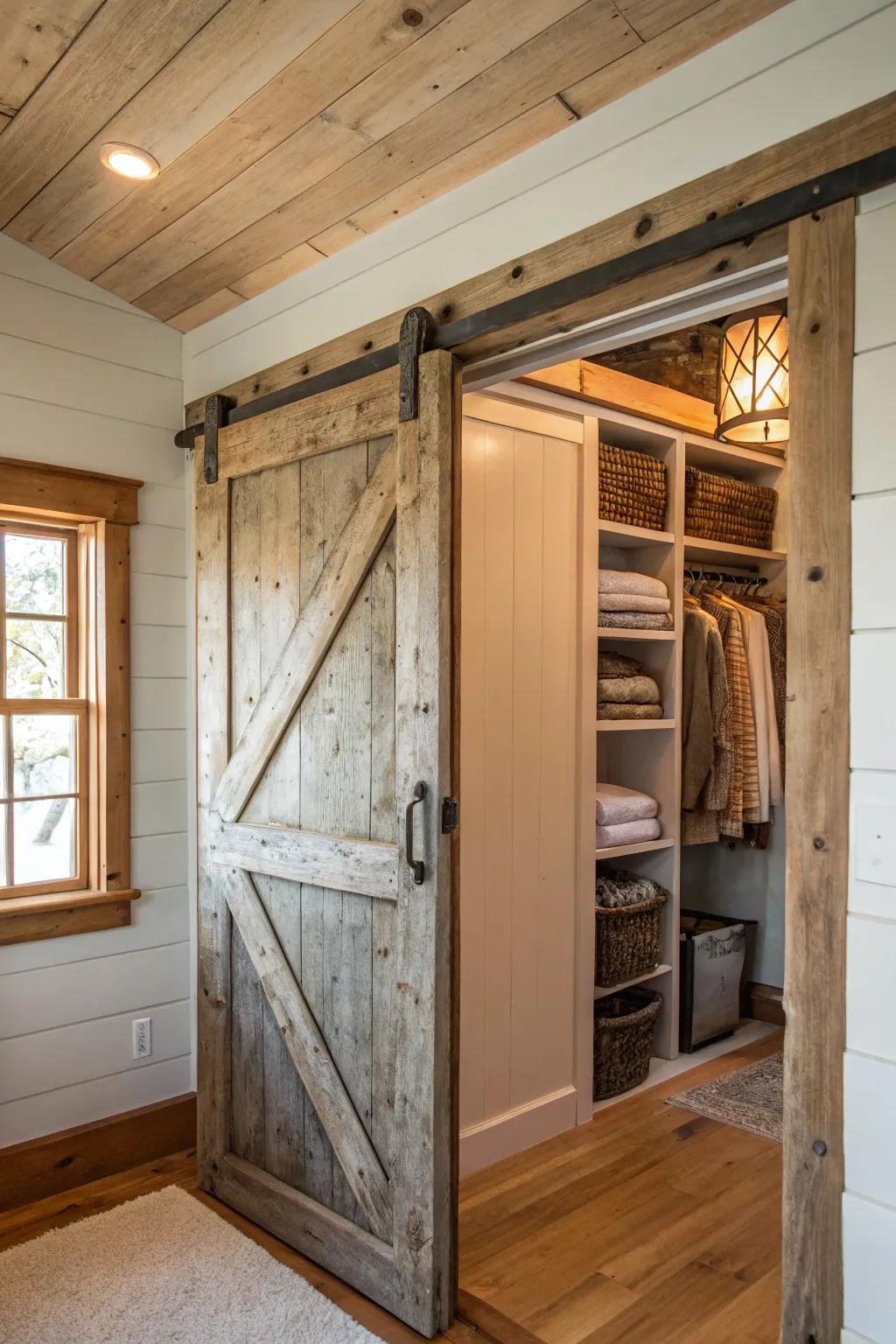 A door with a country-style look brings both charm and practical functionality to a linen closet.
