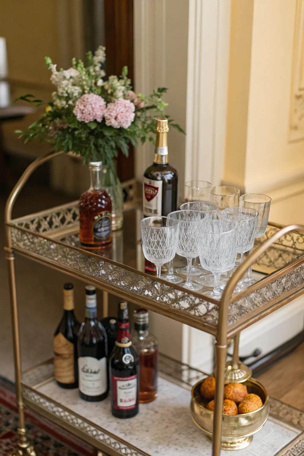A vintage bar cart for mobile elegance.