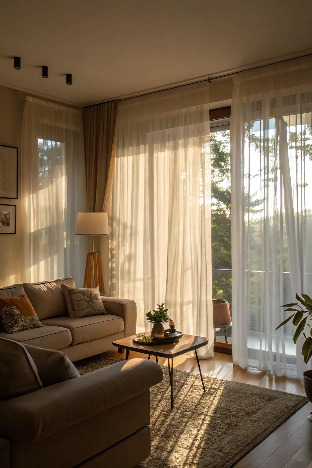 Sheer curtains facilitate the entry of natural light, culminating in a living space that exudes warmth and charm.