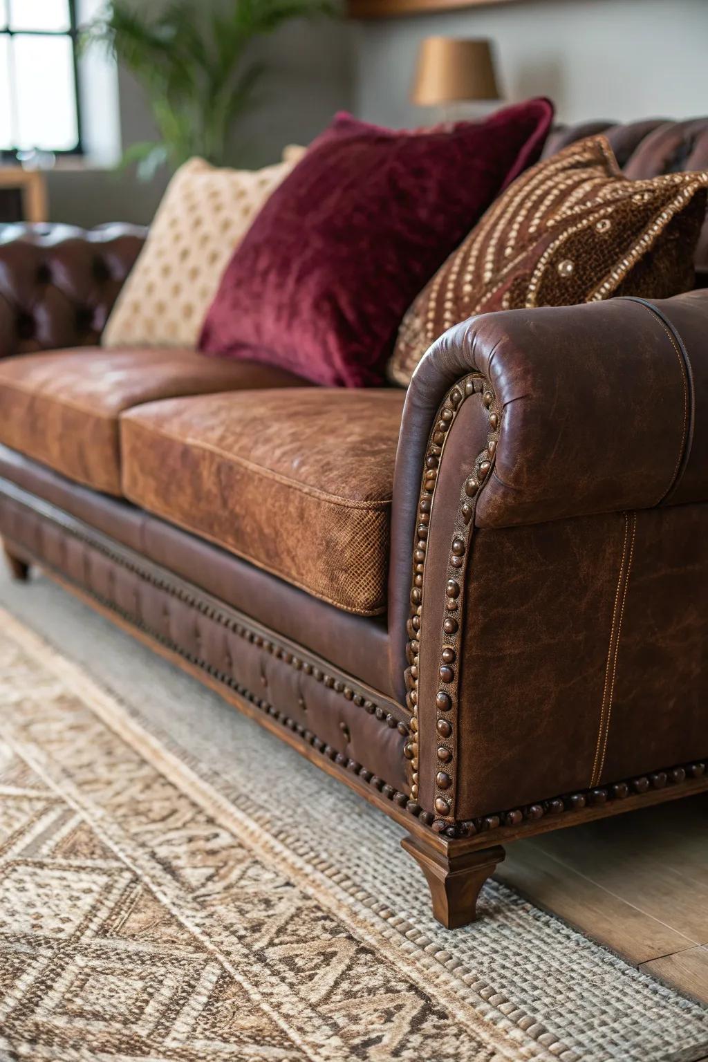 Varied surfaces enrich the appeal and visual interest of the leather sofa.