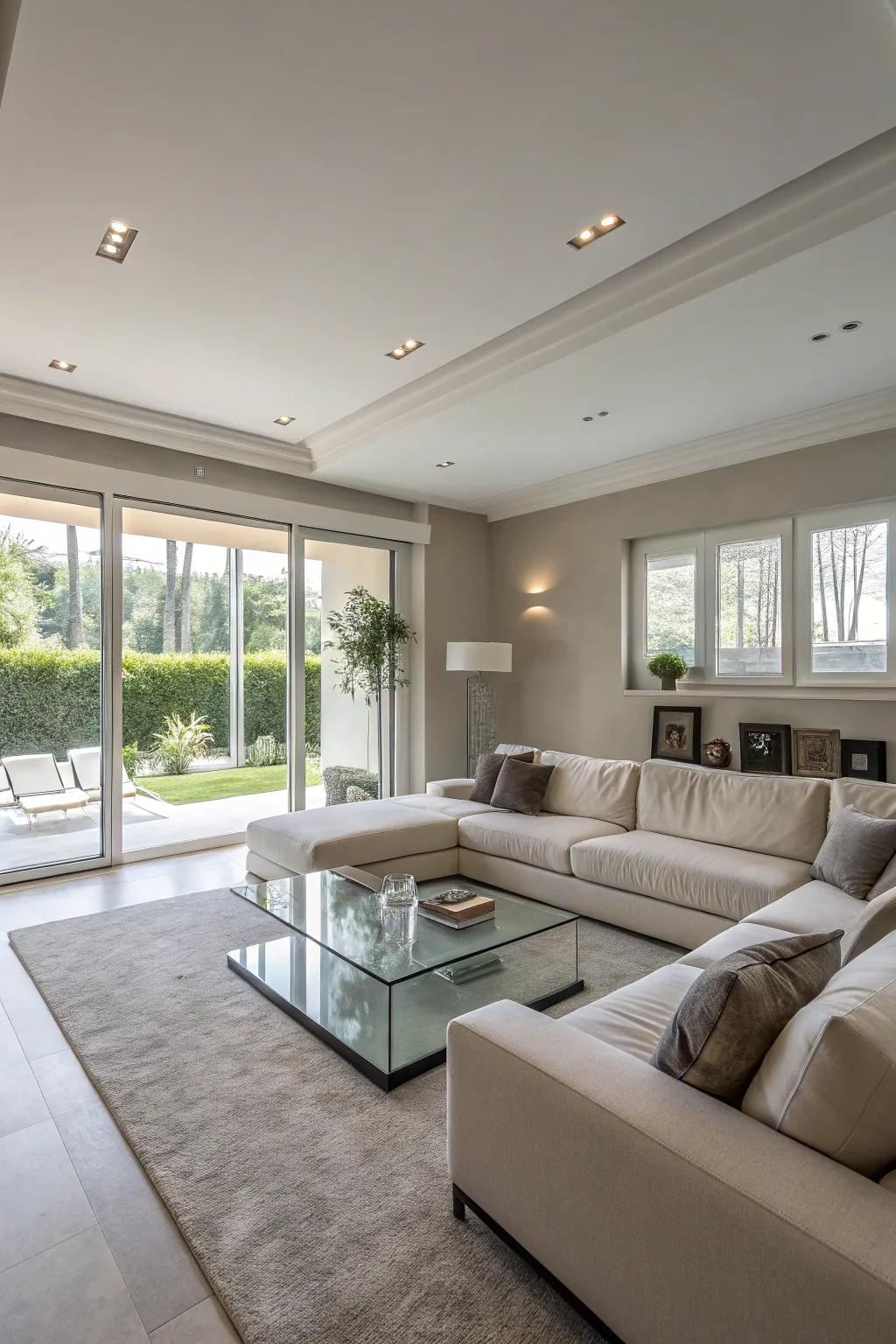A modern living room, characterized by sleek lines and minimalist decor, offers a sophisticated vibe.