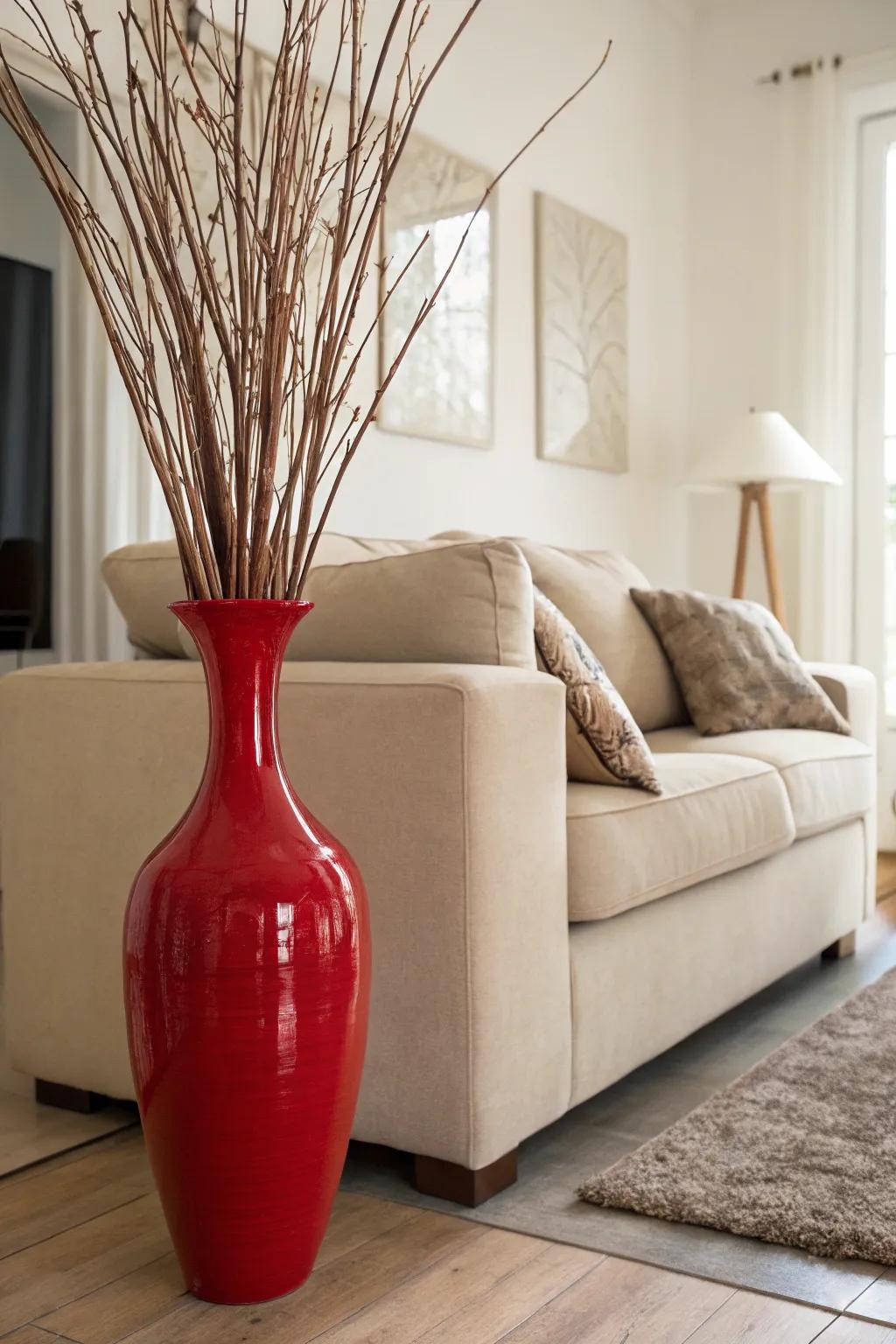 A vibrant ruby vessel offers a daring contrast within a gently toned family room.