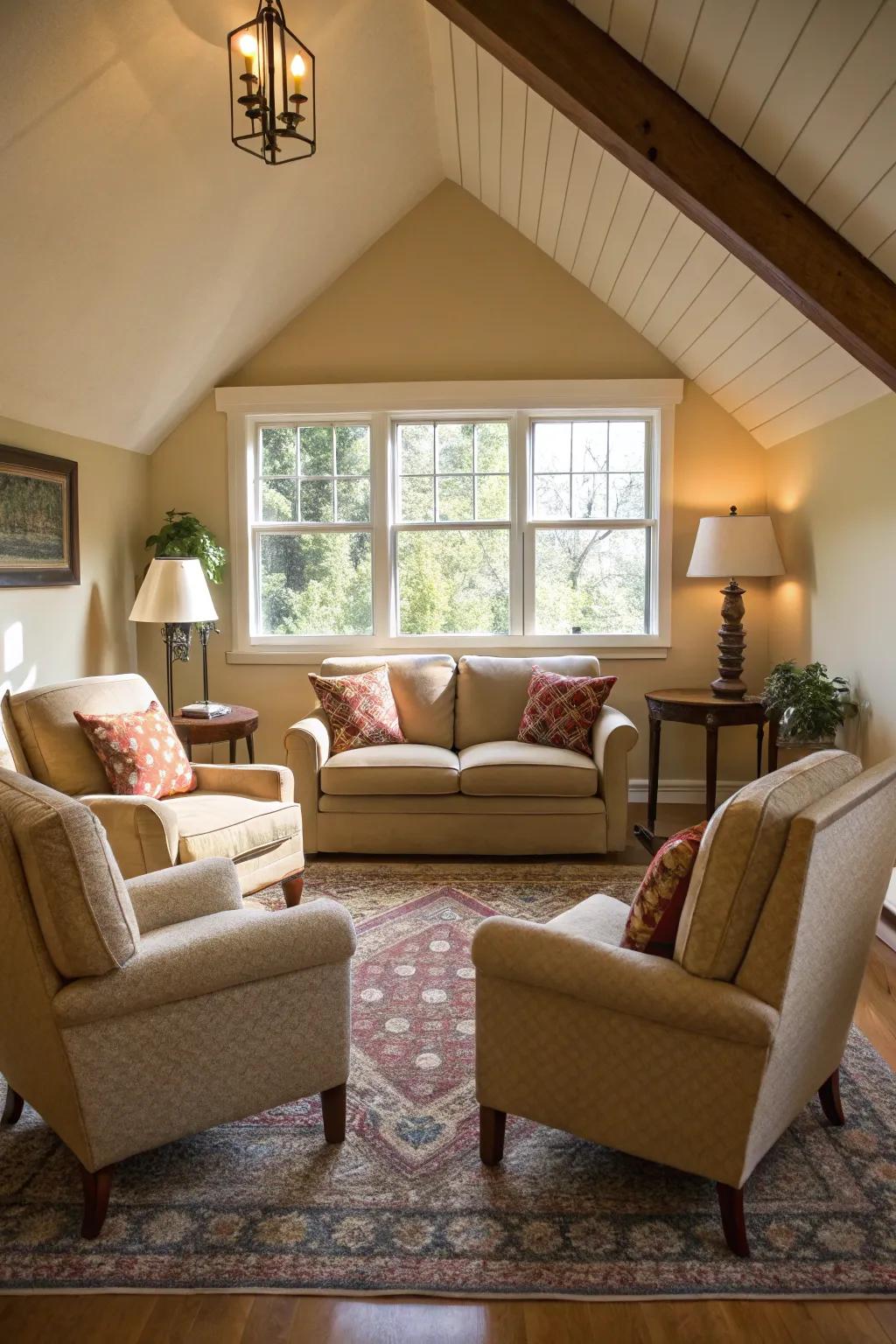 An alluring living room featuring chairs arranged at an angle to amplify visual appeal.