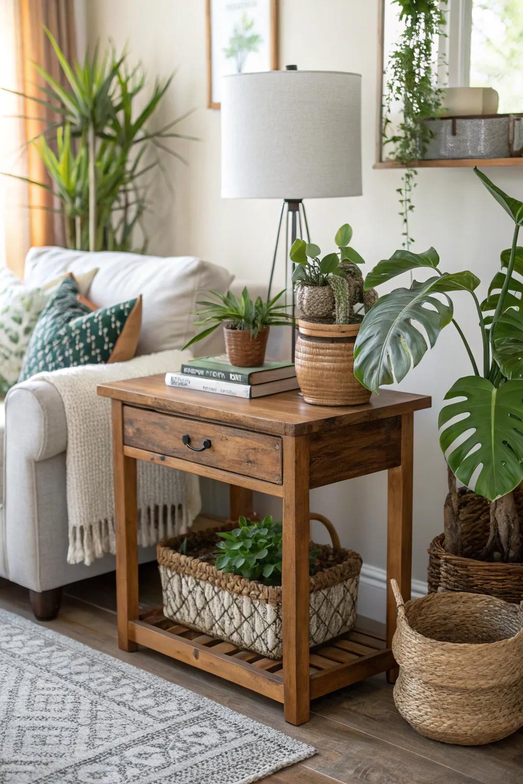 Timber side tables contribute a natural element to any living room arrangement.