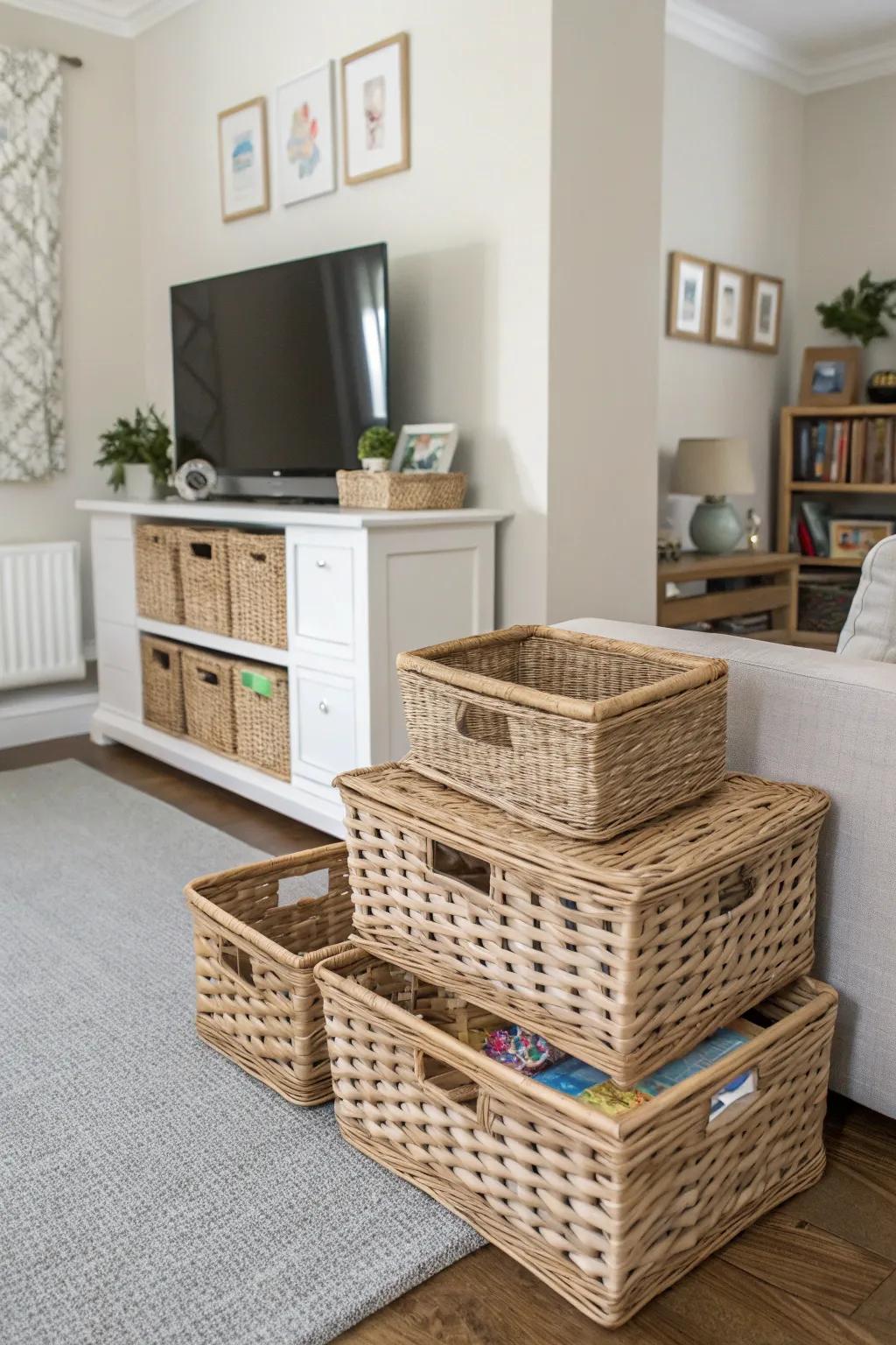 Wicker baskets offer both storage and style.