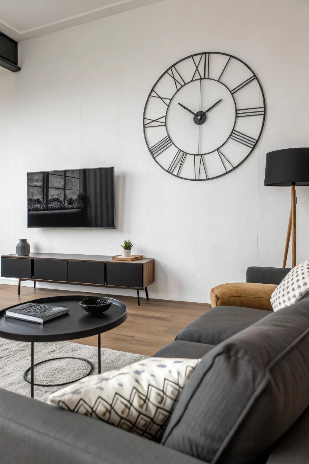 A minimalist wall clock brings a sense of understated sophistication to a contemporary living room.