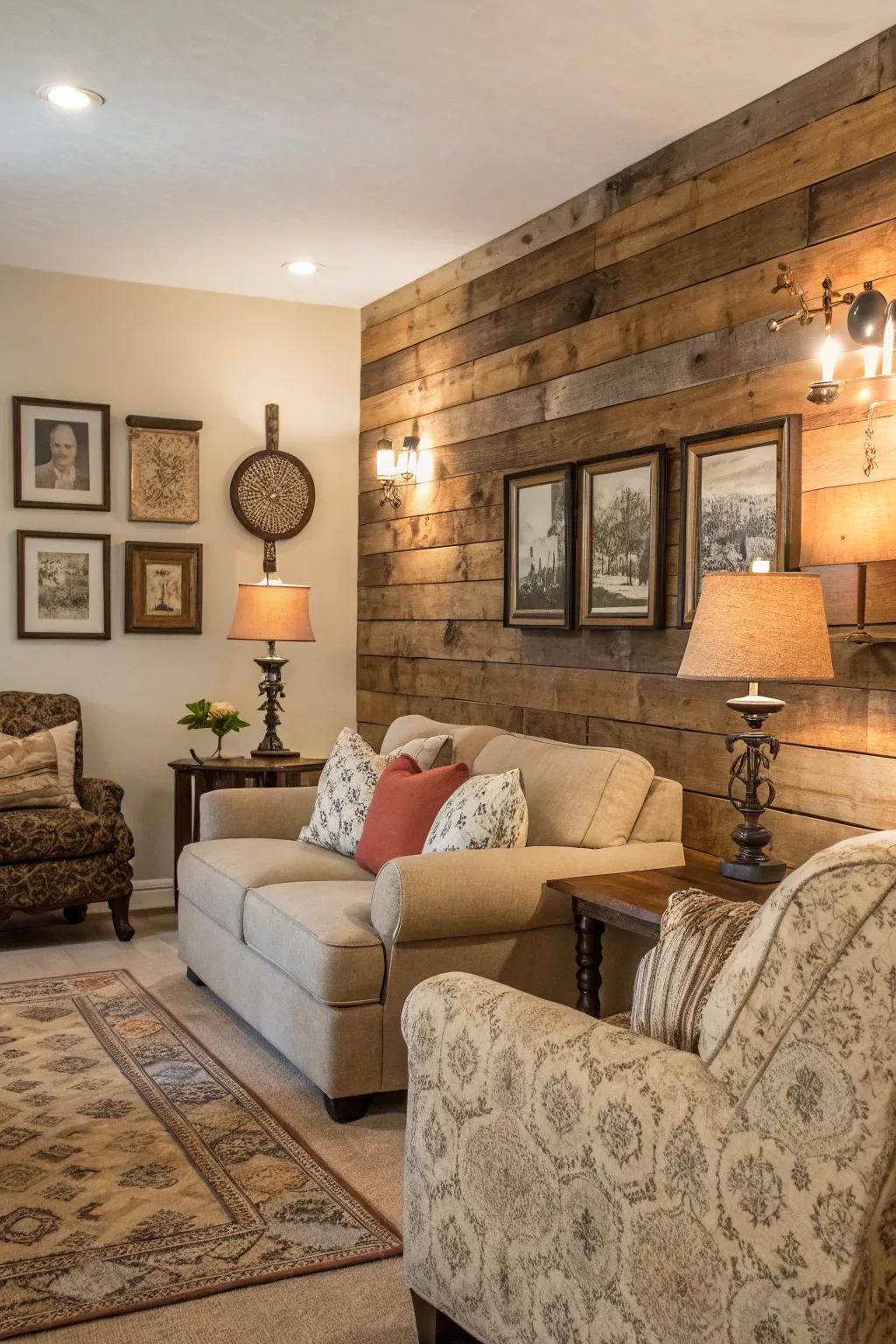 Salvaged lumber panels bring a sense of history and coziness to your area.