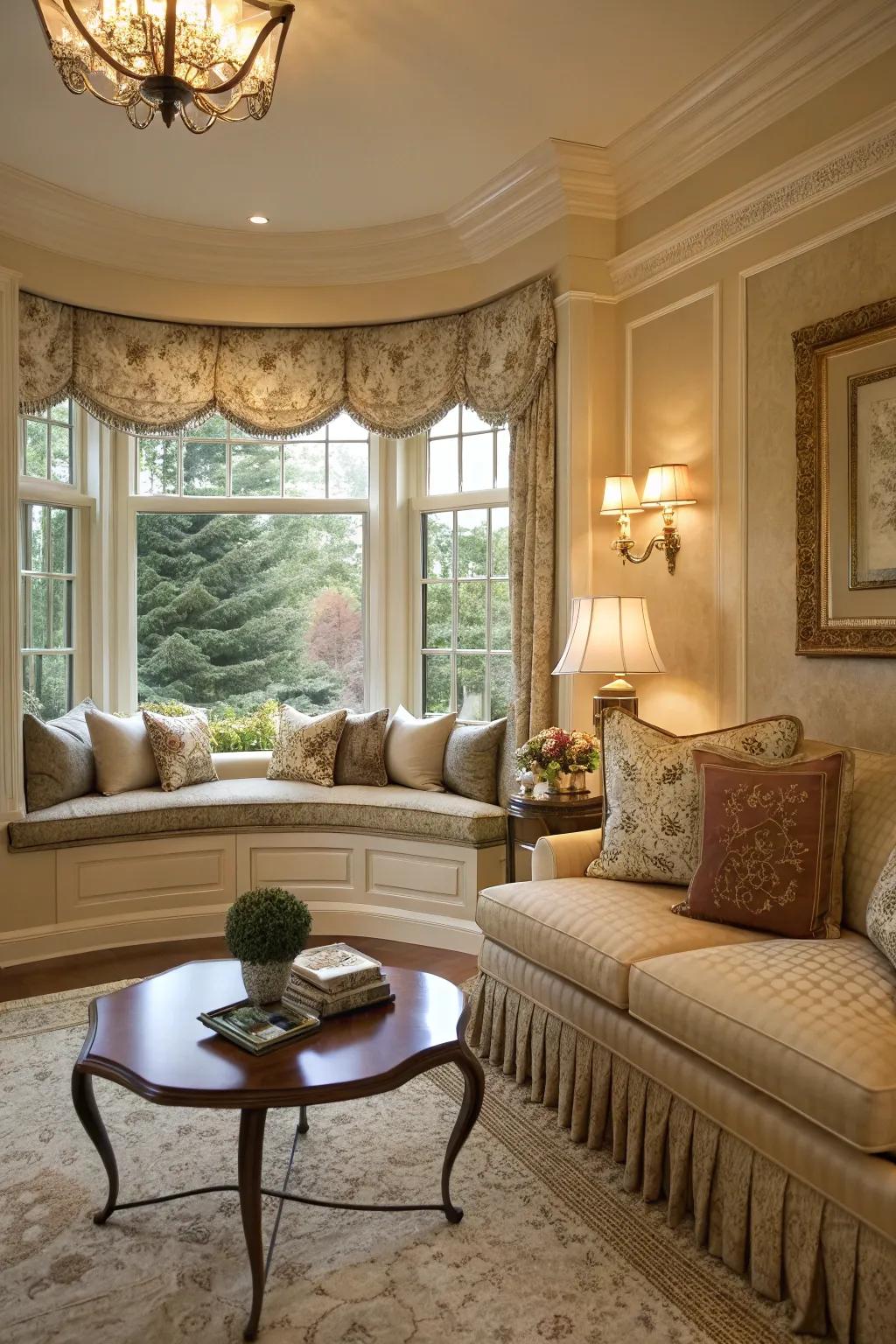 An inviting corner conceived by an arched window within an elegant family room.