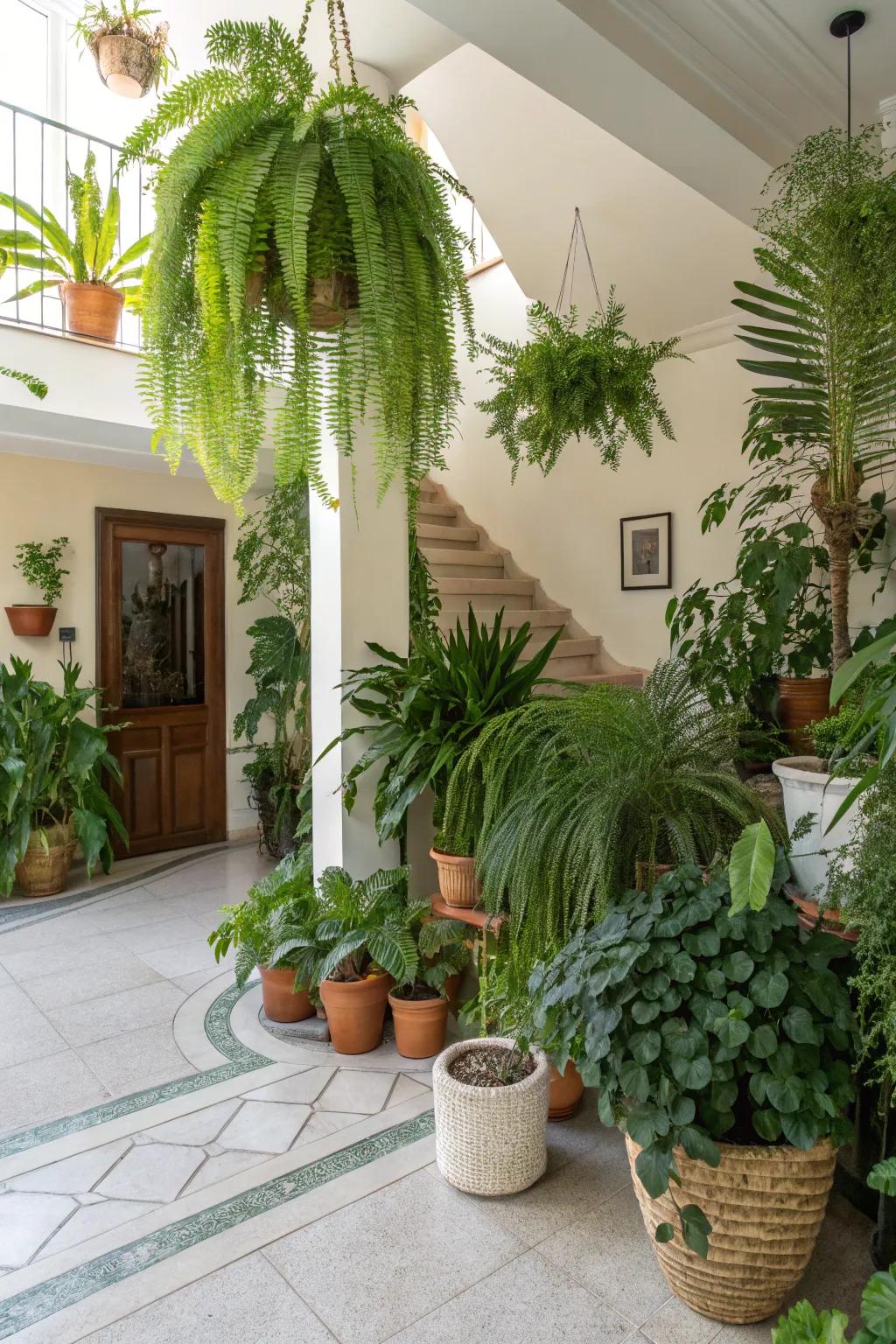 A lively lobby abundant with indoor plants