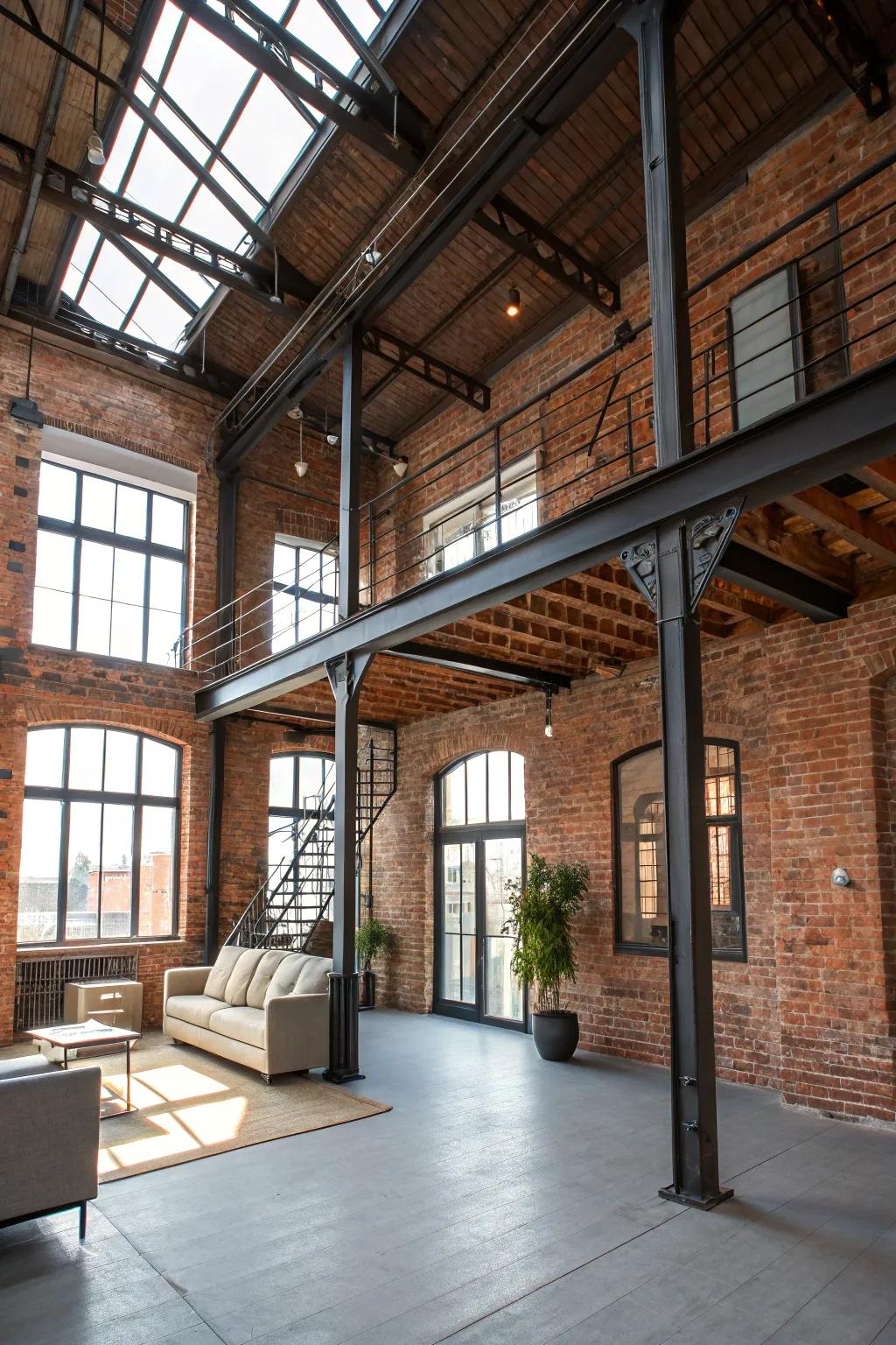 Metropolitan charm enhanced by stone walls and exposed supports.