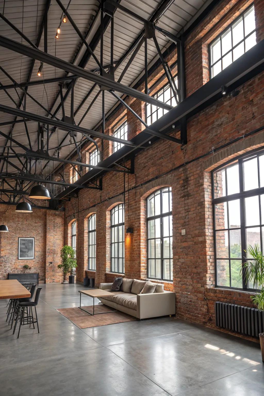 Allure of industry enhanced with exposed brick and steel.