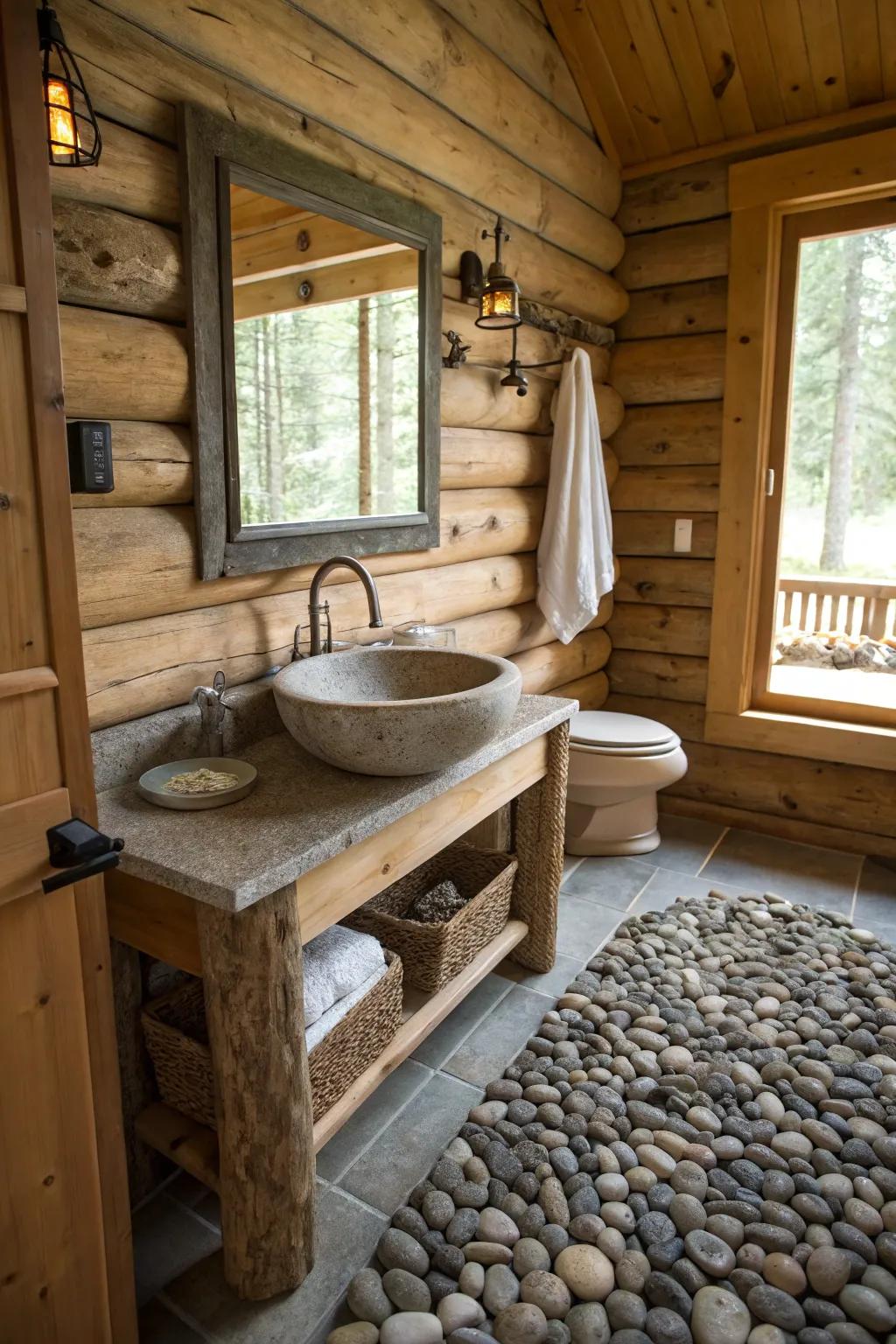 A log cabin bathroom that includes a rock basin and a small stone shower floor.