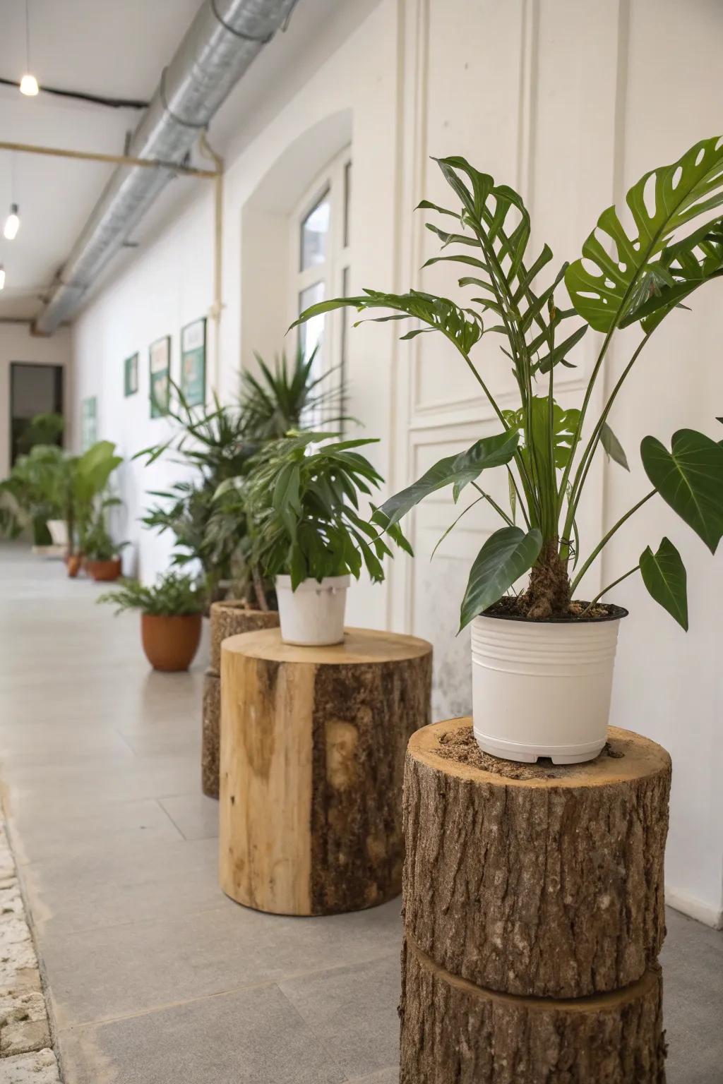 Logs serving as distinctive plant stands indoors.
