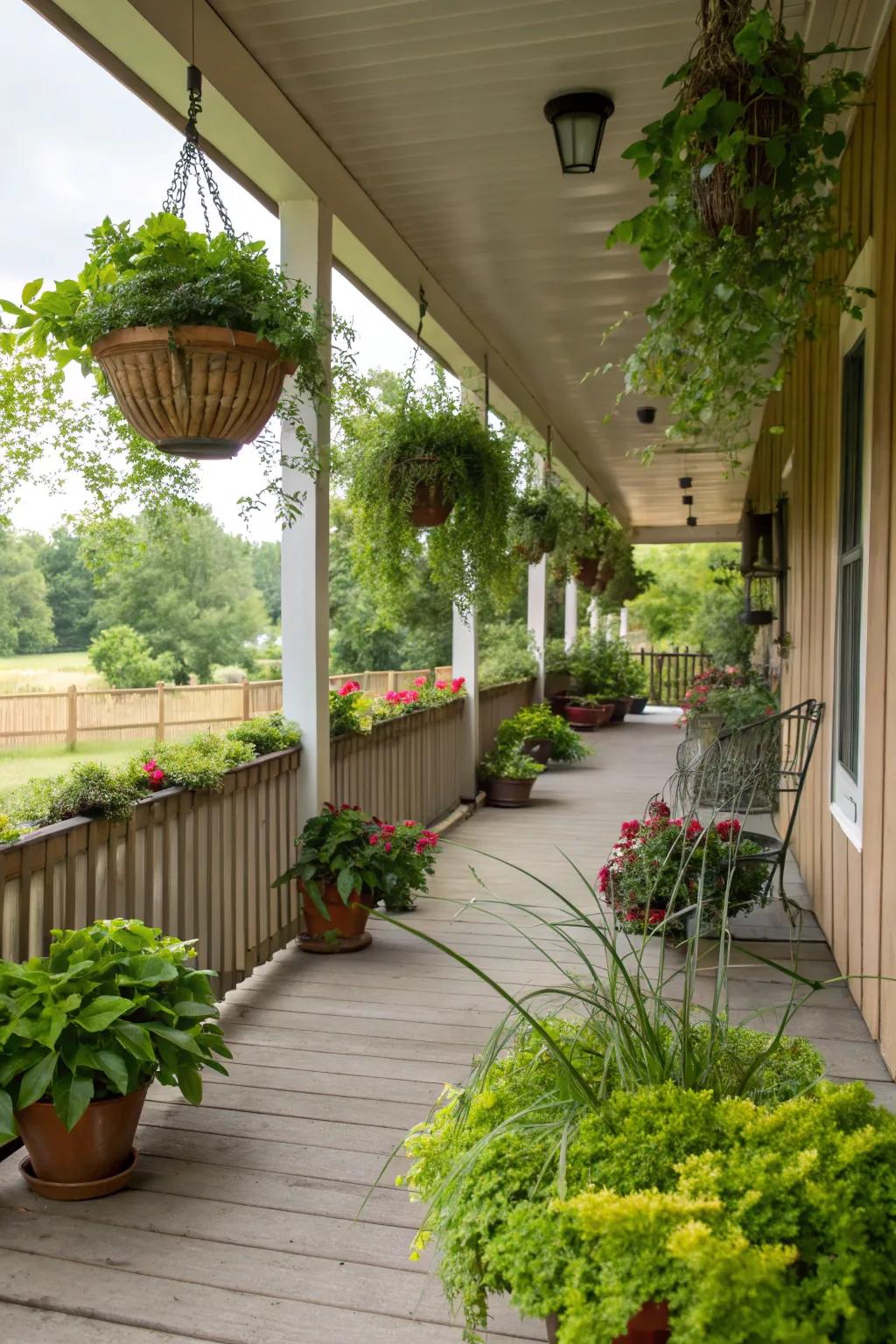 Greenery infuses vitality into any porch, showcasing a harmonious blend of natural and artificial plants.