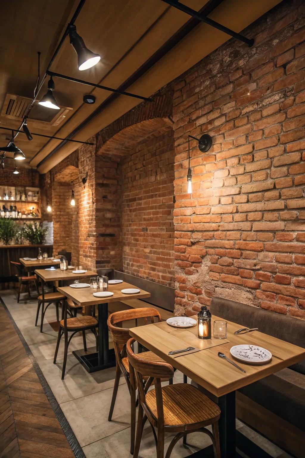 Natural materials like wood and brick inject rustic charm.