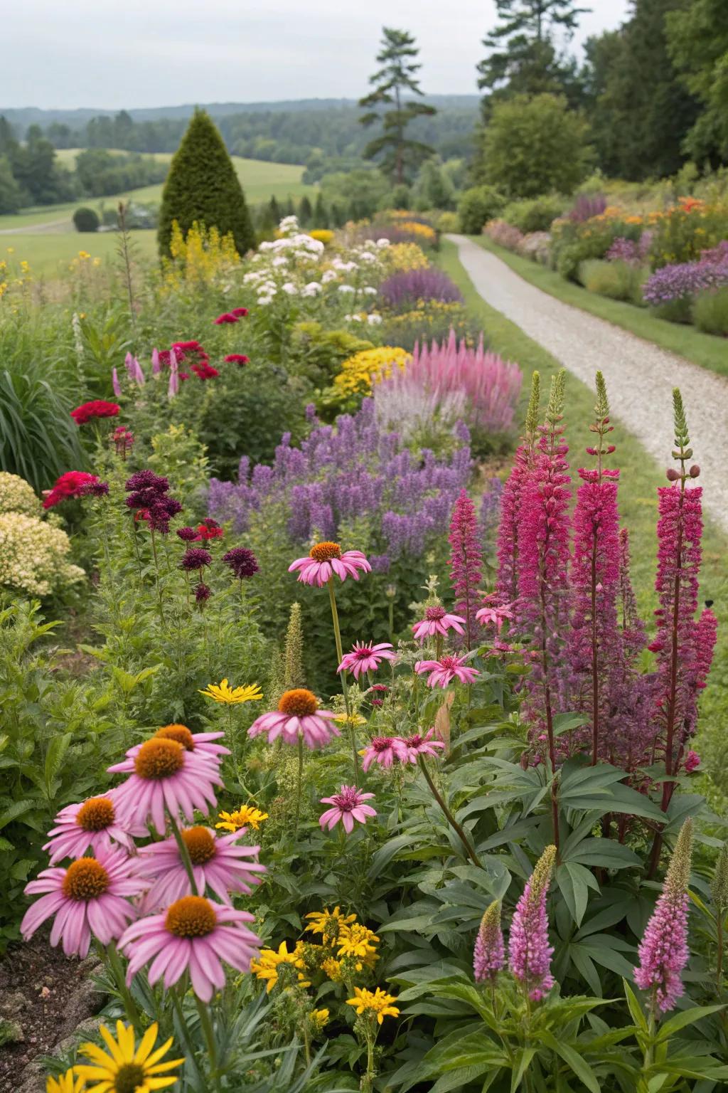 A garden bursting with varied perennial details and hues.