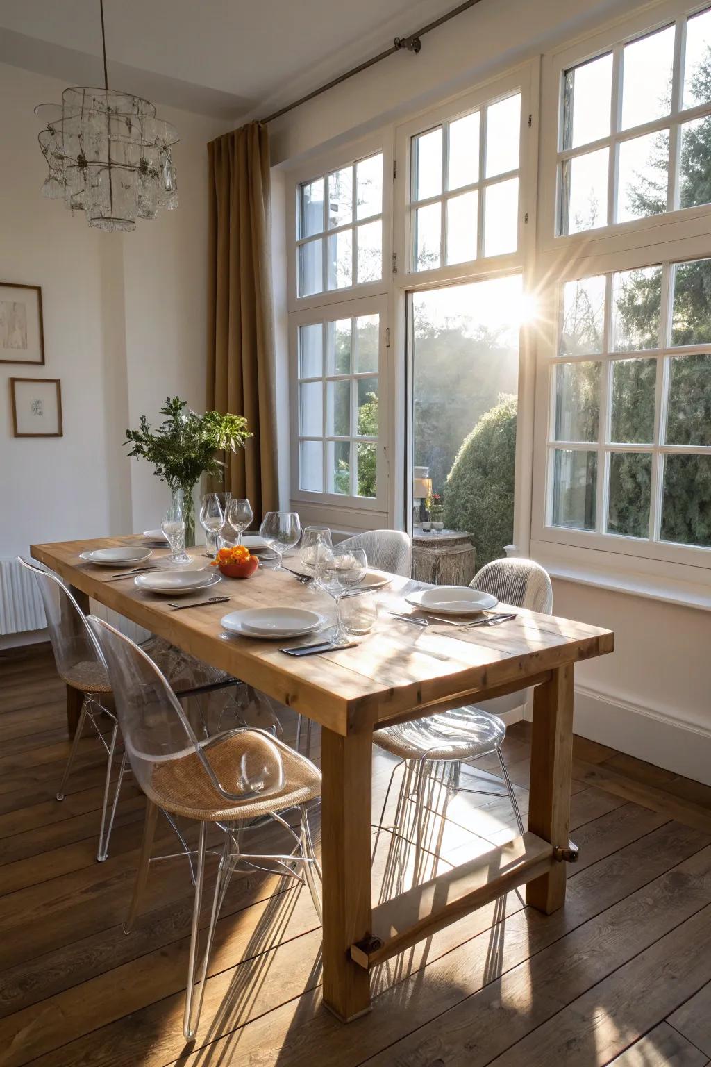 Lucite chairs bring elegance to any dining setting.