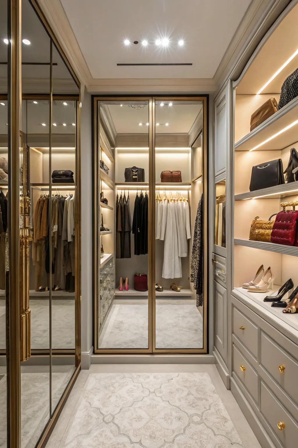 Reflective panels mirroring an elegant arrangement of clothing.