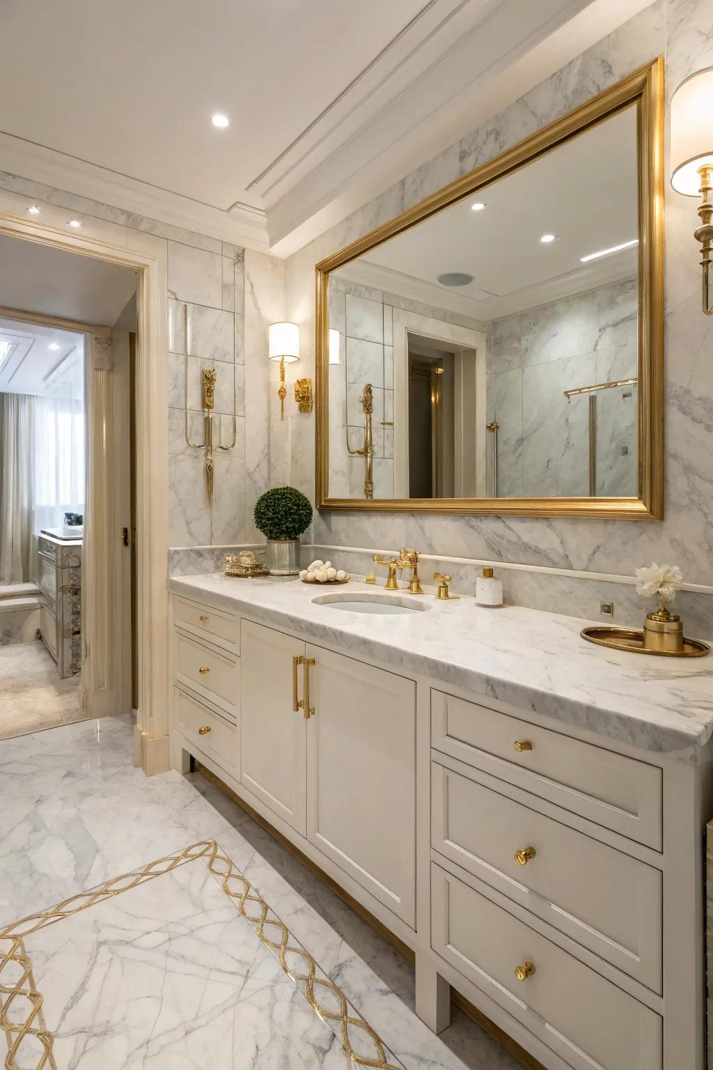 A deluxe bathroom showcasing refined stone countertops and flooring, accented by gold hardware.