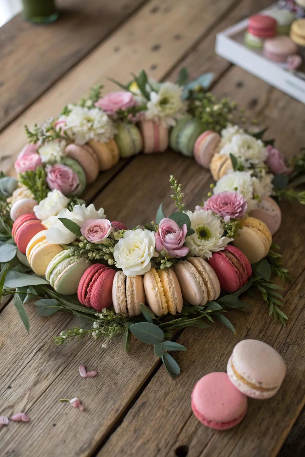 A blossom arrangement of macarons and real flowers.