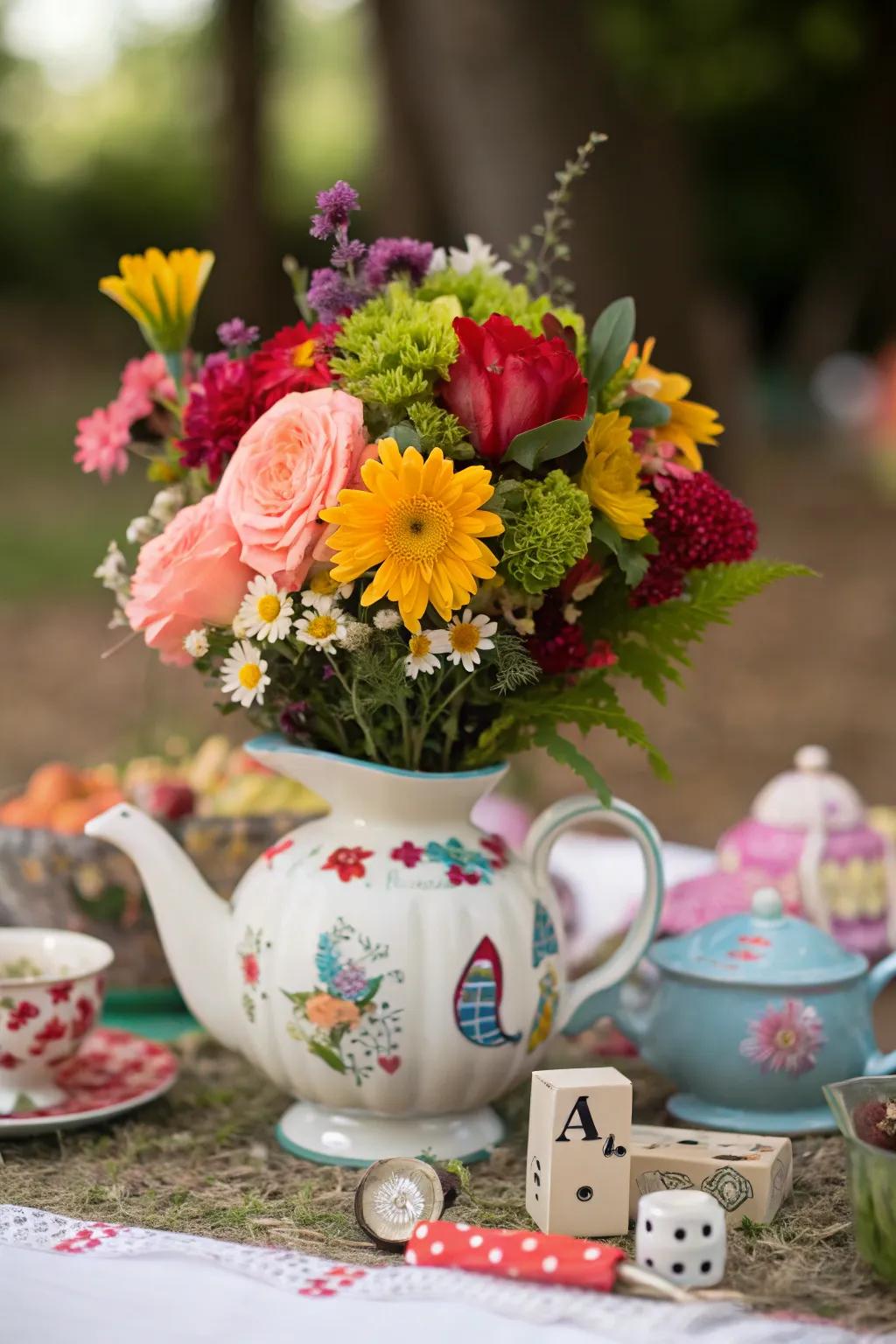 A whimsical beverage server focal point overflowing with vibrant blossoms and peculiar accents.