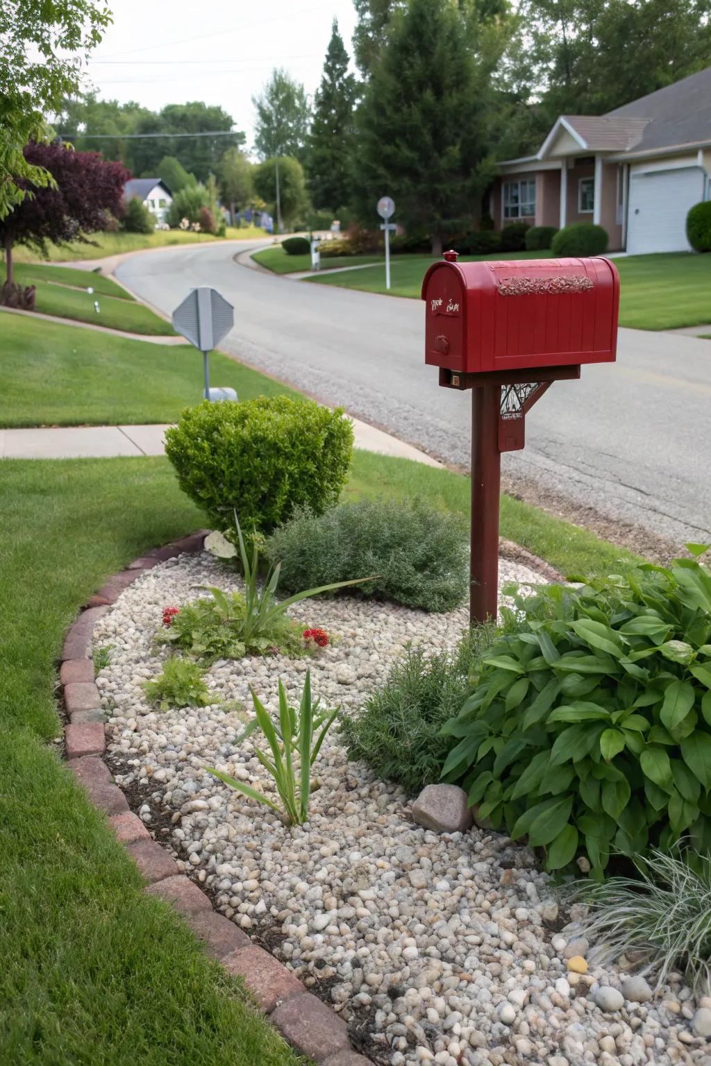 Crushed stones and verdure blend harmoniously to create a simple yet pleasing mailbox vista.