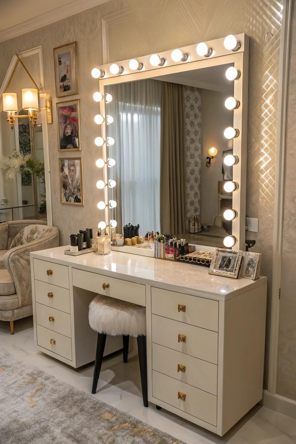 Studio-inspired lights conjure a glamorous atmosphere.