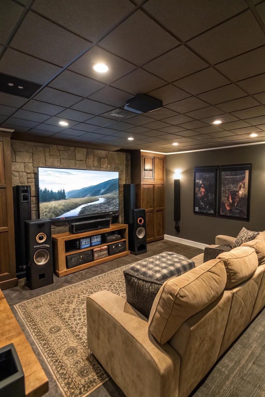 A home theater setup with a large screen TV and surround sound speakers.