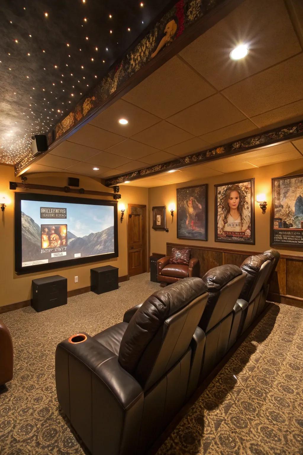 Relish the enchantment of cinema within a personal home theater man cave.