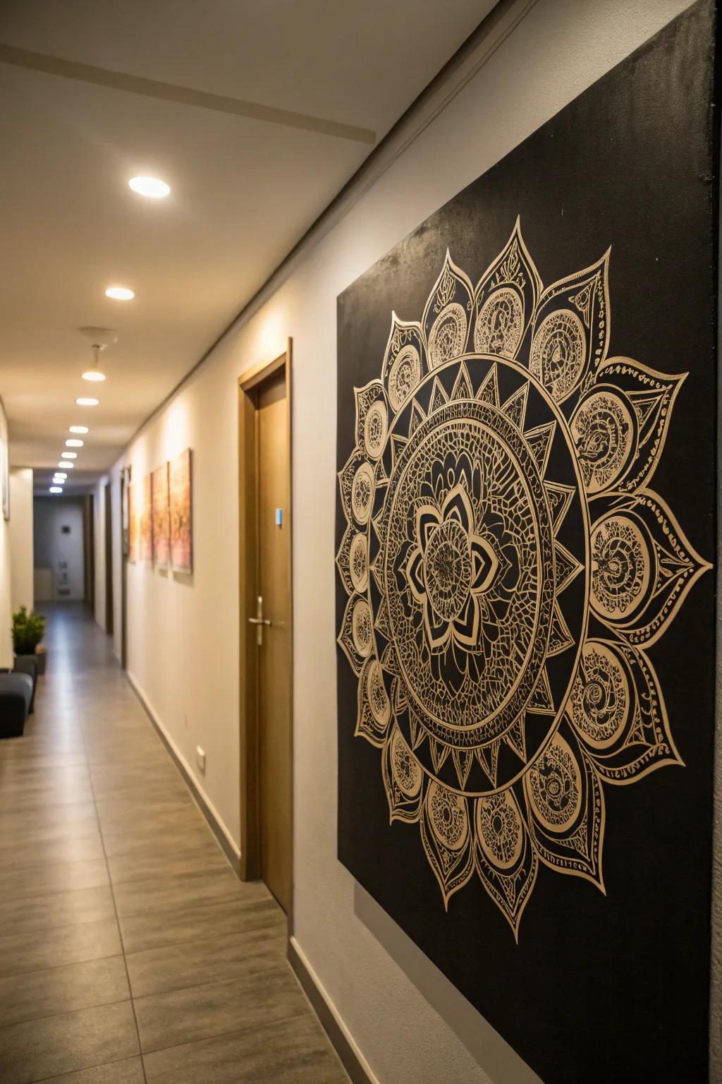 A shimmering mandala pattern over a dark artistic panel creating a captivating corridor center point.