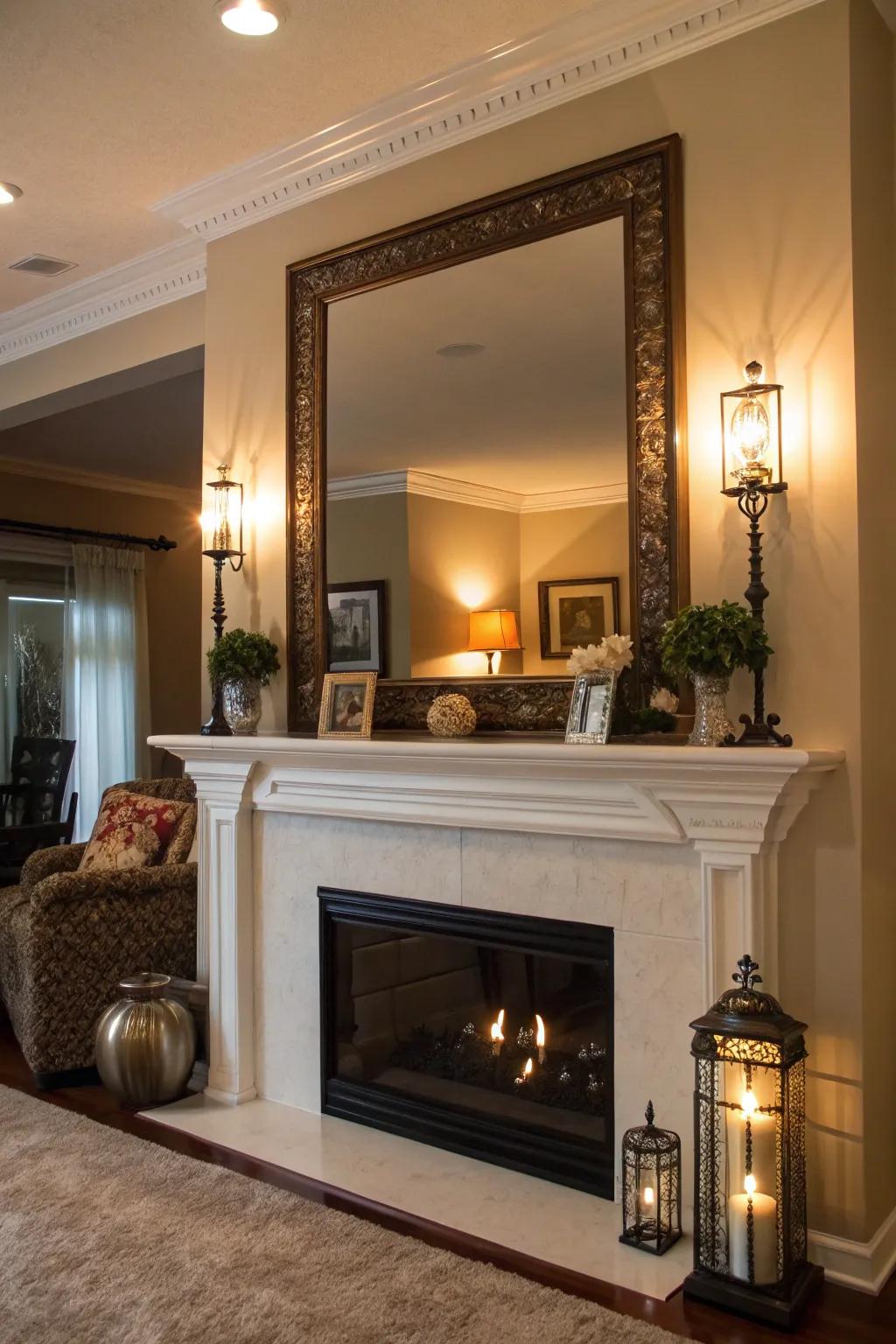 A large mirror elevates the mantel's charm by adding depth and brightness.