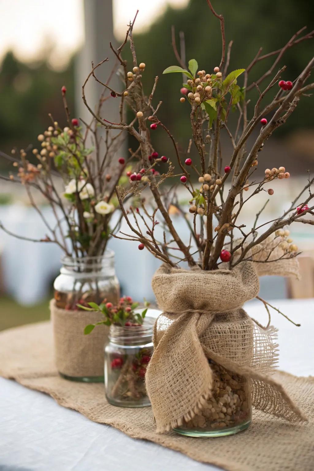 Unaltered manzanita limbs harmonized with hessian, culminating in a countryside centerpiece.