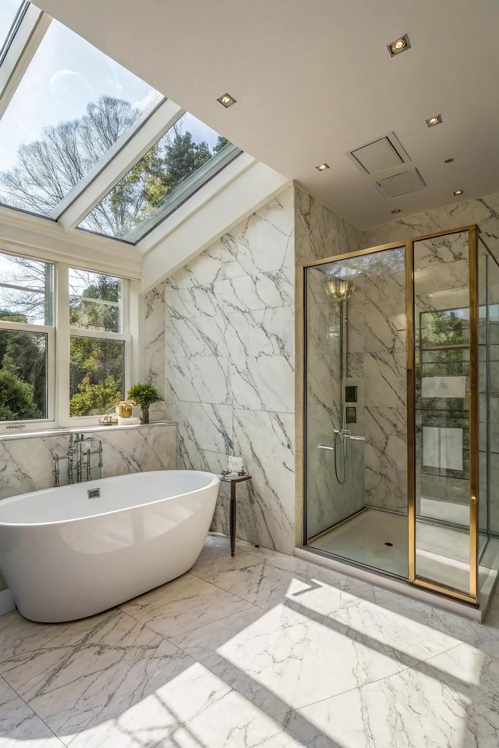 Floor-to-ceiling marble walls deliver a smooth, uninterrupted style.
