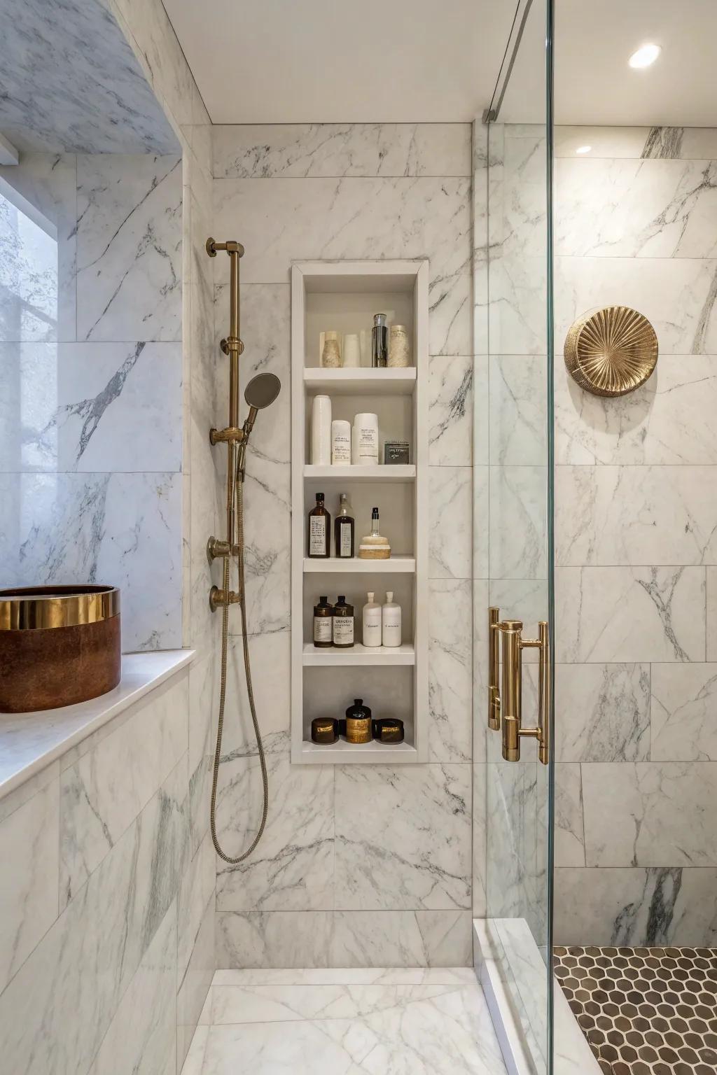 An upright stone alcove adds a chic detail to compact shower areas.