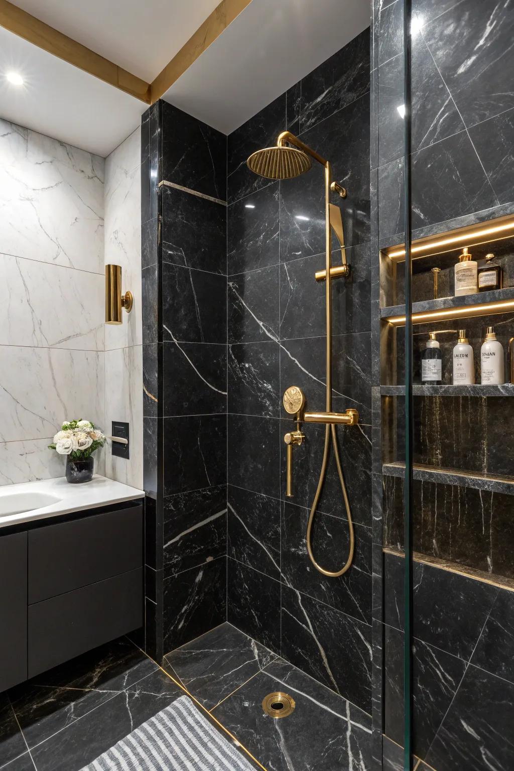 Realize a dramatic presentation with emphatic charcoal stone panels.