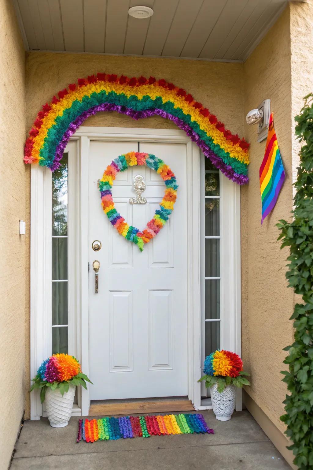 A spectrum garland introduces vibrancy and cheer to your doorway.