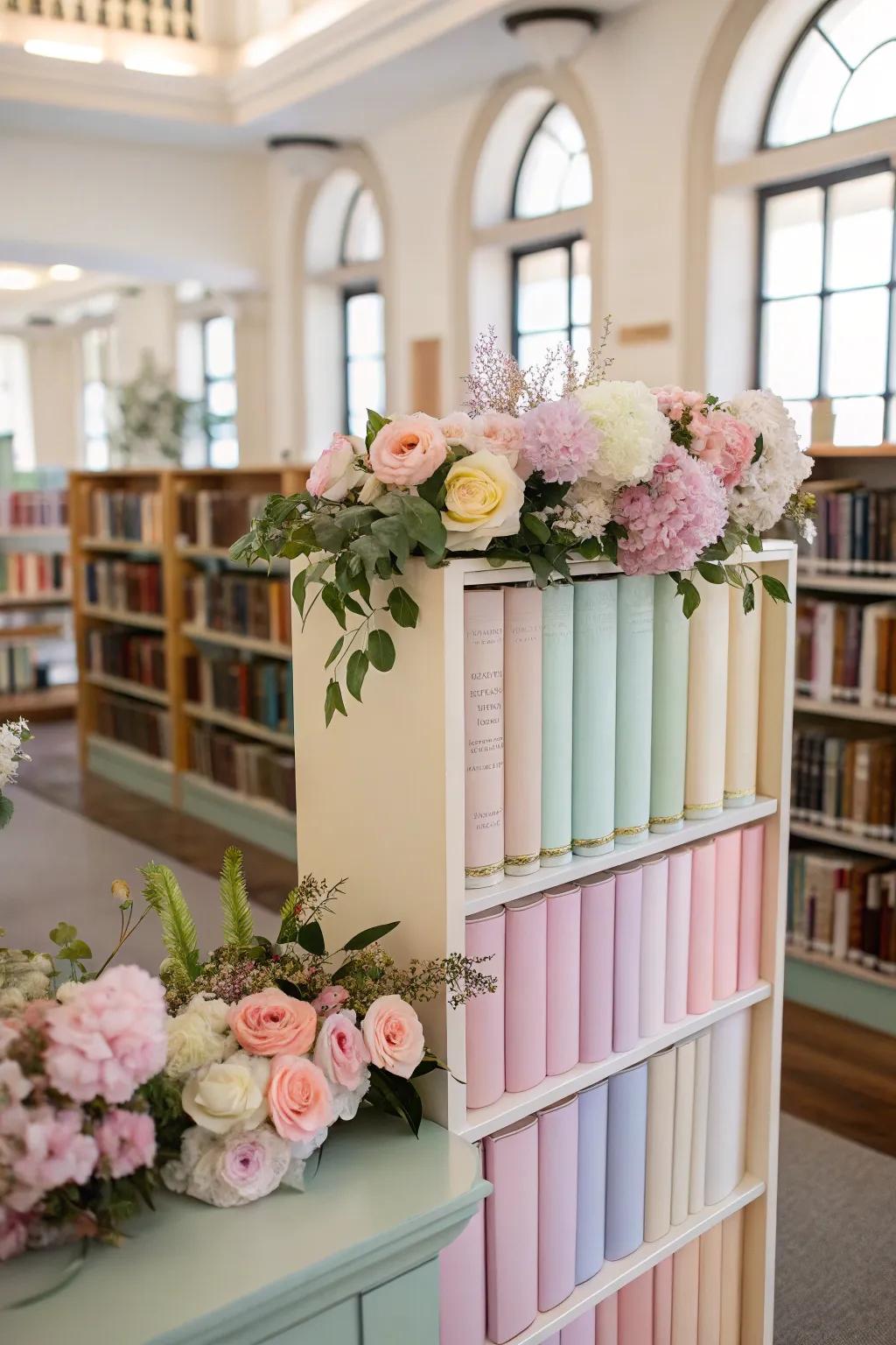 A spring-themed library display with pastel books and flowers.