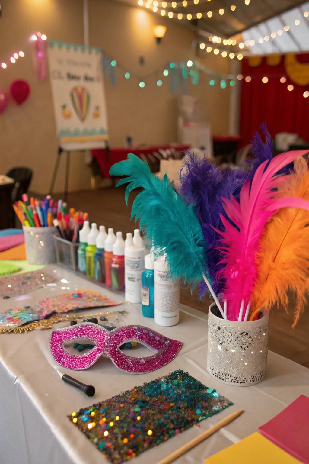 A DIY mask space inspires creativity and adds a personalized touch to the celebration