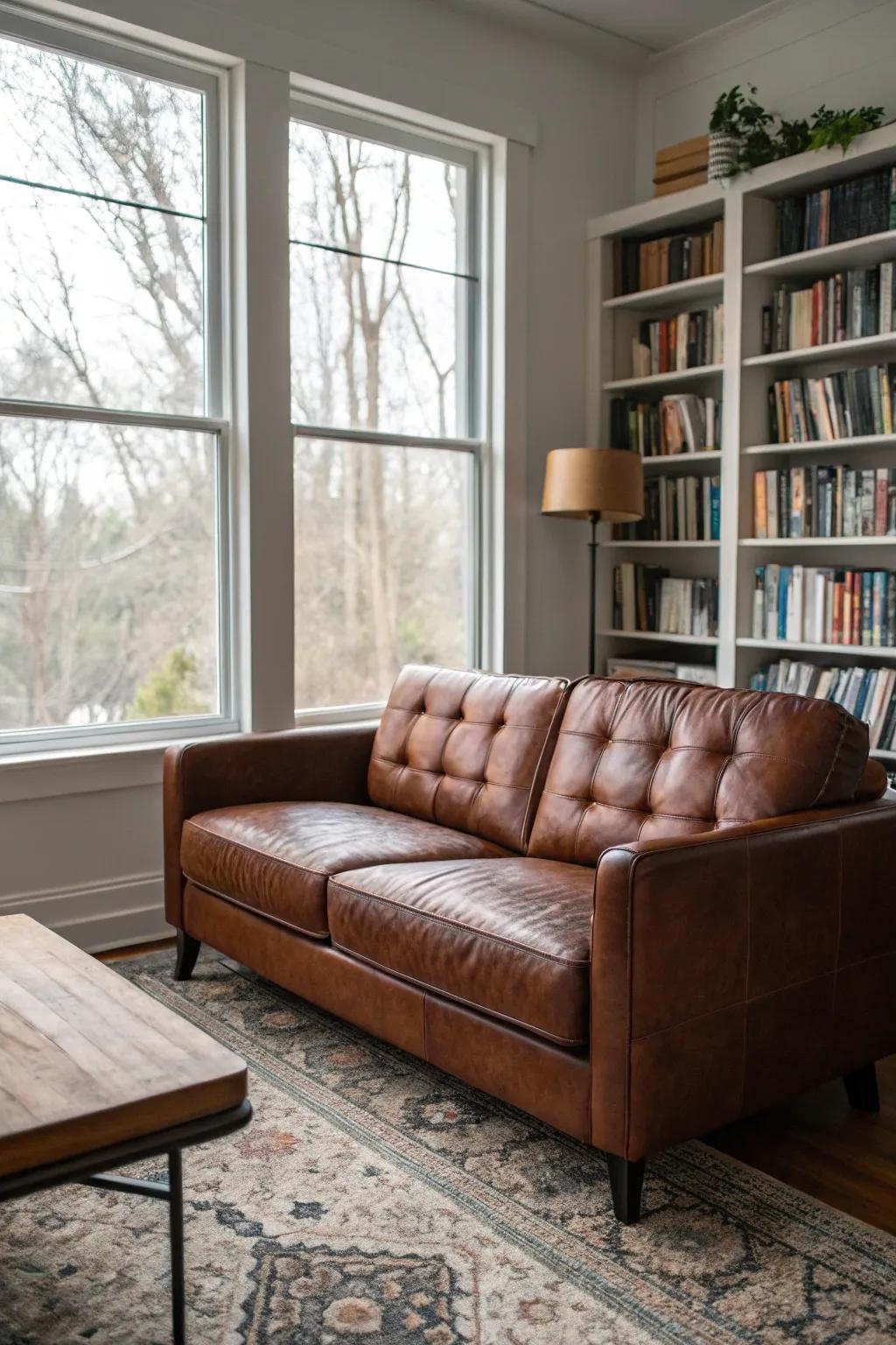 A vibrant brown hide settee introduces timeless elegance to the den.