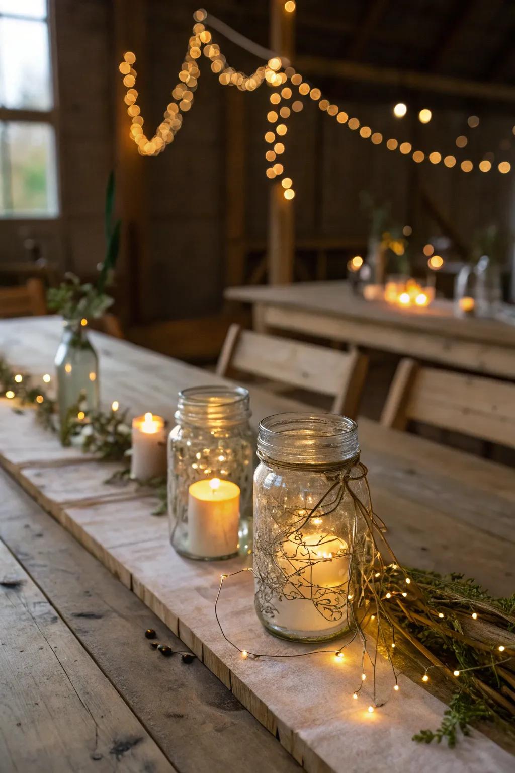 Cultivate a cozy setting with glass preserving jar candle displays.
