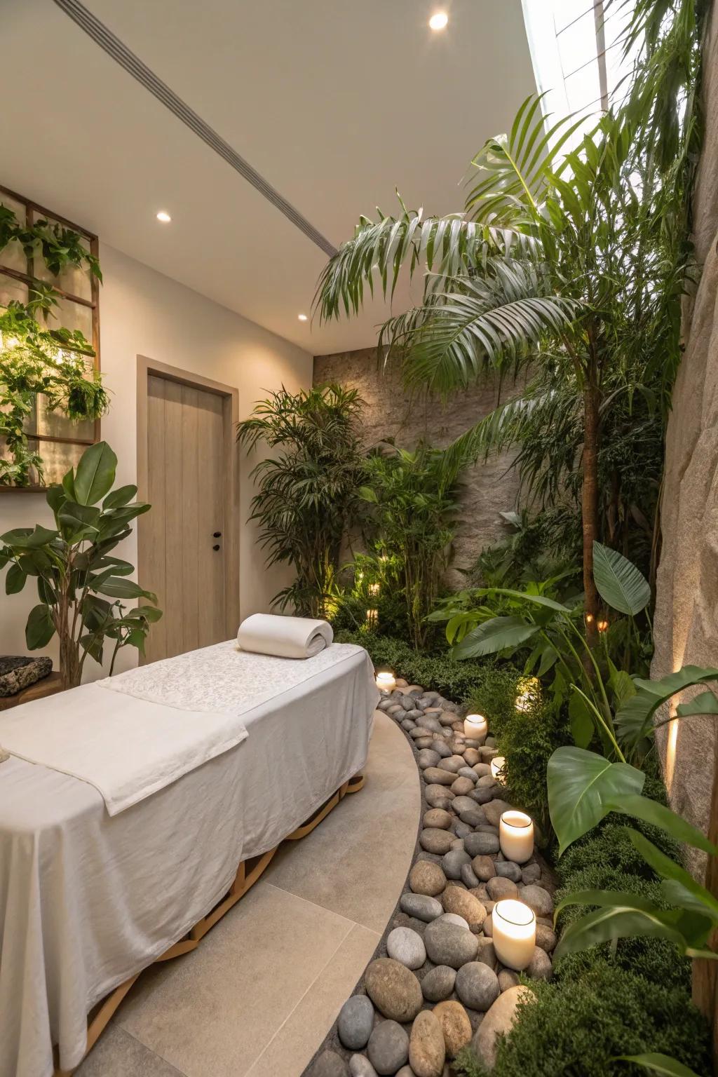 Natural elements like plants add tranquility to the space.