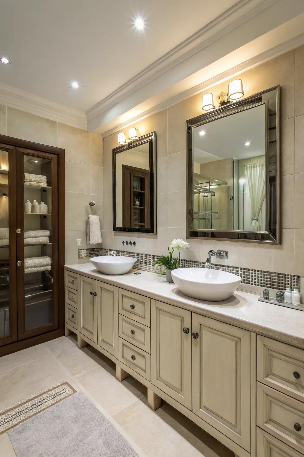An elegant bathroom highlighting dual sinks and extensive storage capacity.