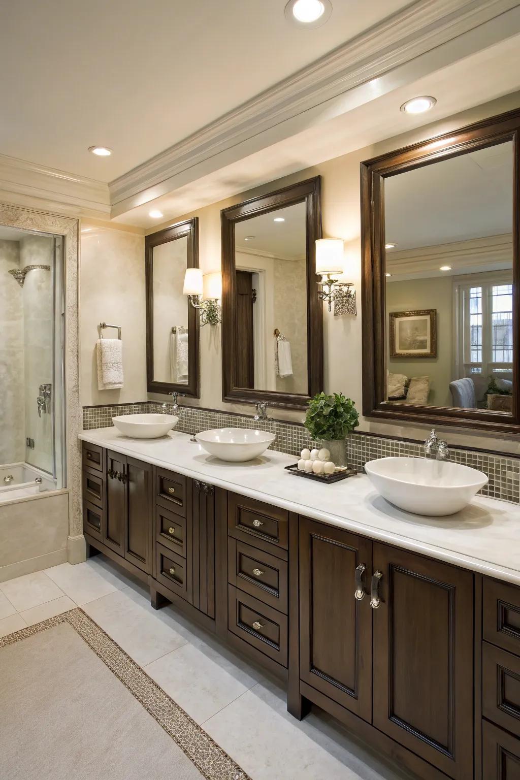 Double vanities presenting both convenience and harmonious style in this master bathroom.