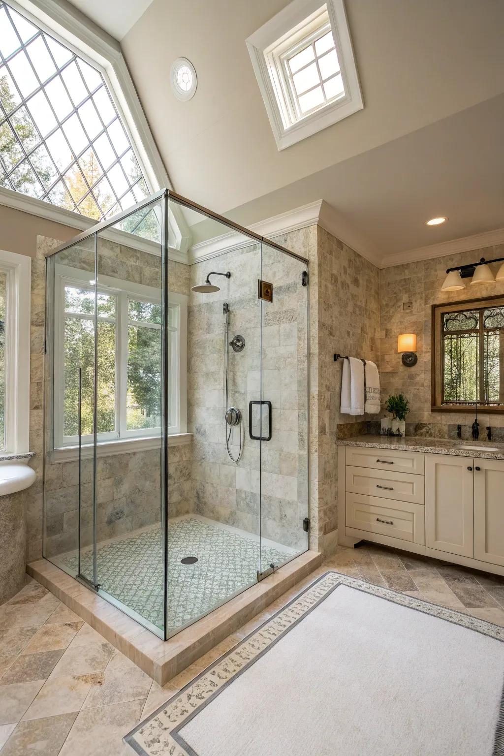 Spacious bathroom featuring a shower with glass surroundings and a waterfall showerhead.